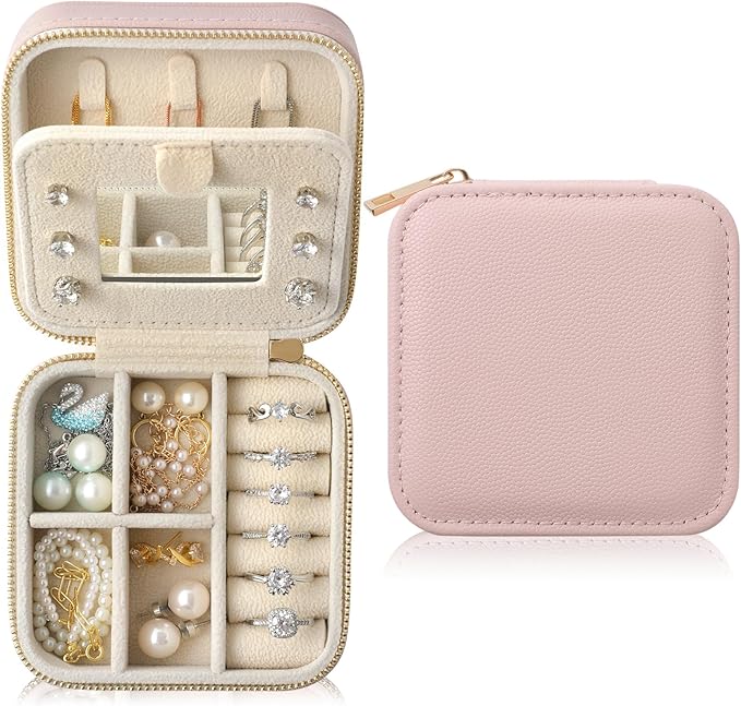 Genuine Leather Travel Jewelry Organizer Case with Mirror for Women, Small Mini Portable Jewelry Box for Earring, Ring, Necklace, Bracelet（Pink）