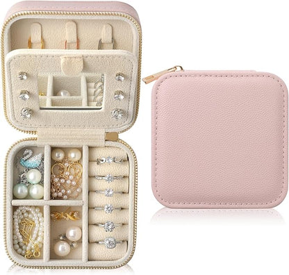 Genuine Leather Travel Jewelry Organizer Case with Mirror for Women, Small Mini Portable Jewelry Box for Earring, Ring, Necklace, Bracelet（Pink）