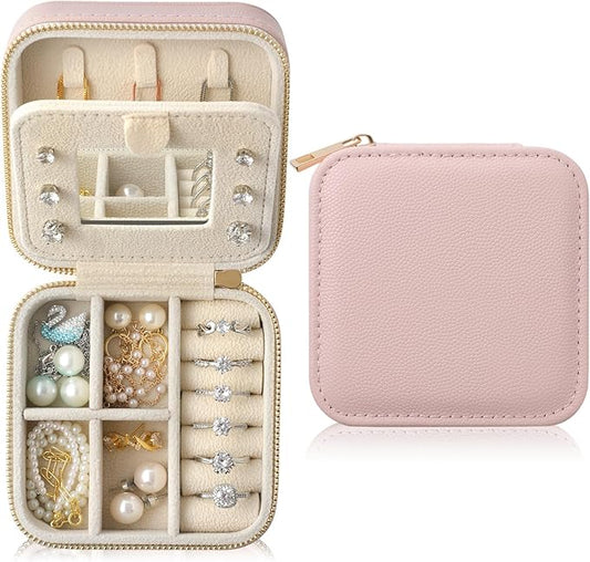 Genuine Leather Travel Jewelry Organizer Case with Mirror for Women, Small Mini Portable Jewelry Box for Earring, Ring, Necklace, Bracelet（Pink）