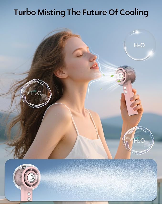 Portable Misting Fan, Handheld Turbo Fan with Mist, 6000mAh Battery Rechargeable Personal Fans Mister 4-Speed, 25ml Water Spray Tank, Gifts for Women Men Home Office Travel Outdoor Camping