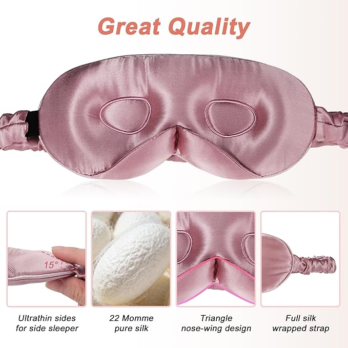 VOCOSTE 22 Momme Pure Silk Sleep Mask with Travel Pouch, 3D Contour Adjustable Blindfold for Side Sleepers, Eye Mask Locks Light for Sleeping, Bean Pink