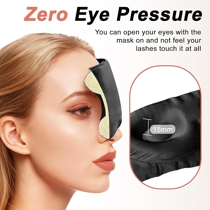 VOCOSTE 22 Momme Pure Silk Sleep Mask with Travel Pouch, 3D Contour Adjustable Blindfold for Side Sleepers, Eyelash Protecting for Natural Lashes & Extensions, Black