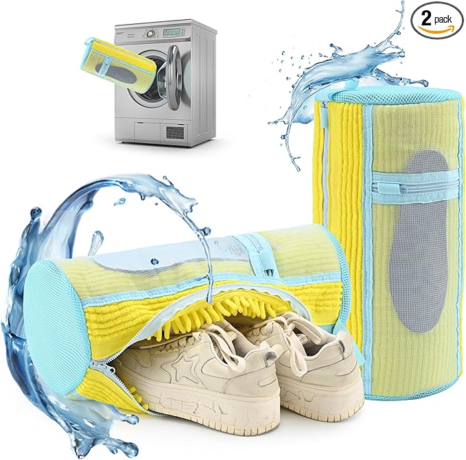 Shoe Washing Machine Bag: 2 pcs Shoe Bag for Washing Machine and dryer - Durable Zipper - 360° Deep Clean - Reusable laundry Bag for Sneaker/Slippers/Tennis/Runing Shoes & Insole(Yellow)