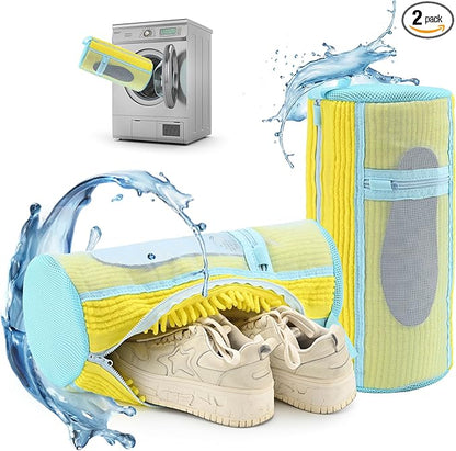Shoe Washing Machine Bag: 2 pcs Shoe Bag for Washing Machine and dryer - Durable Zipper - 360° Deep Clean - Reusable laundry Bag for Sneaker/Slippers/Tennis/Runing Shoes & Insole(Yellow)