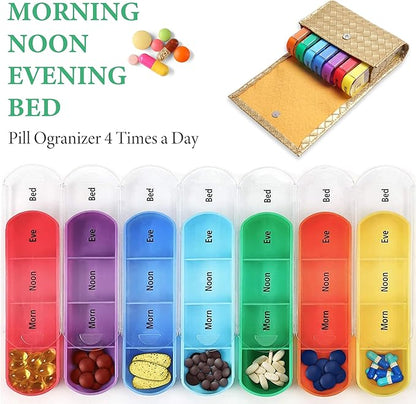 Pill Organizer,LIZIMANDU Weekly Travel Pill Case Box Medication Reminder Daily AM PM, Day Night 7 Compartments,for 4 Times A Day, 7 Days a Week-Includes Leather PU Carrying Case(1-Weave Gold)