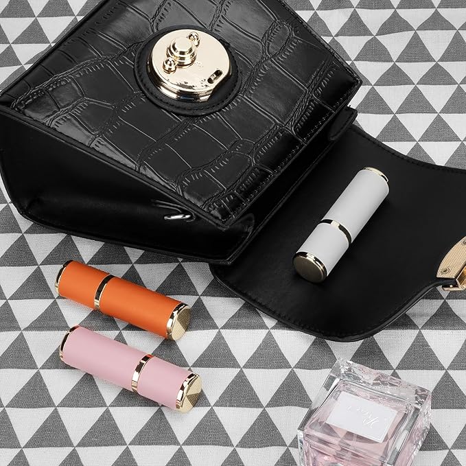 LUEXBOX 3 Pack Portable Perfume Bottle for Travel, Mini Refillable Perfume Dispenser, 5ml Faux Leather Leak Proof Perfume Atomizers Bottles Sprayer for Pocket Perfume (White, Pink, Orange)