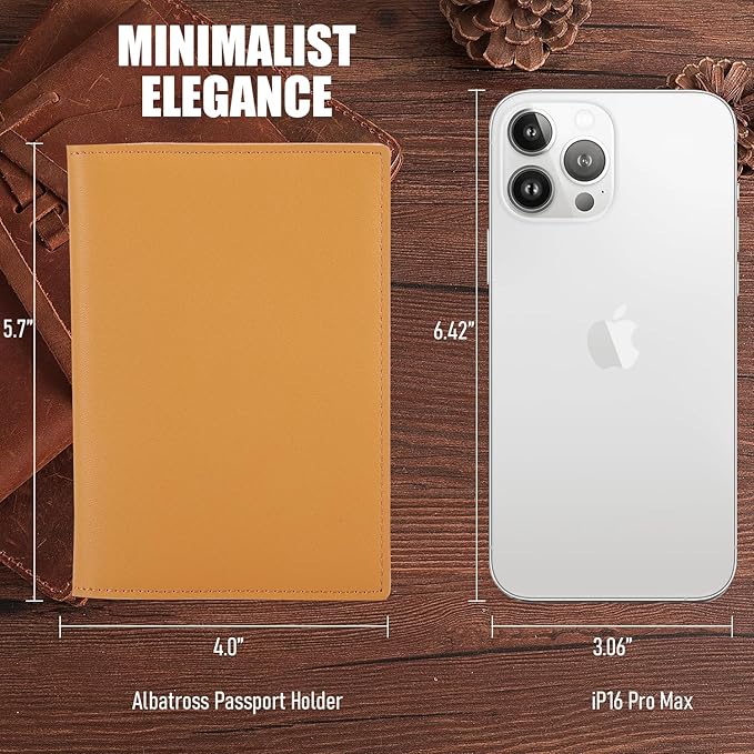 STAR VISTA Albatross Leather Travel Passport Holder, Minimalist Design, Calfskin Leather Case for Women and Men - Slim Passport Wallet, Bifold, RFID Blocking, with AirTag Holder, Honey