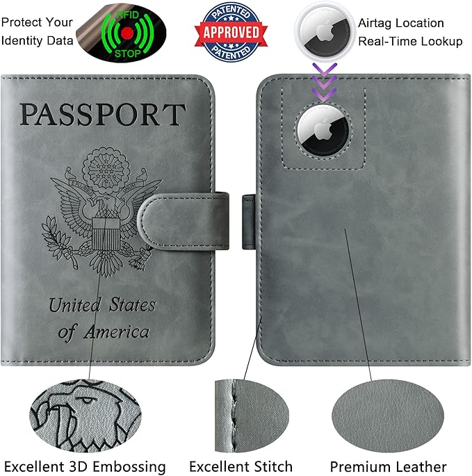 Airtag Passport Holder Cover Wallet Travel Essentials Leather Rfid Blocking Case Vacation Luggage Must Haves Travel Accessories for Men Women (117#Grey)