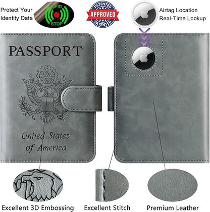 Airtag Passport Holder Cover Wallet Travel Essentials Leather Rfid Blocking Case Vacation Luggage Must Haves Travel Accessories for Men Women (117#Grey)