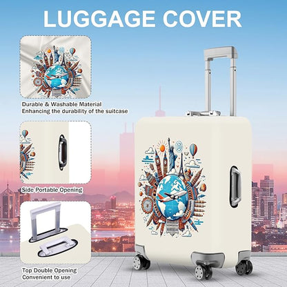 ANNA QUEEN Travel Around the World Luggage Cover, Colorful Landmark Suitcase Protector with Airplane & Globe Design, Stretchable, Washable Travel Sleeve for 32-34 Inch Luggage