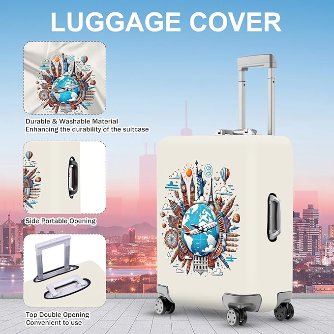 ANNA QUEEN Travel Around the World Luggage Cover, Colorful Landmark Suitcase Protector with Airplane & Globe Design, Stretchable, Washable Travel Sleeve for 20-22 Inch Luggage