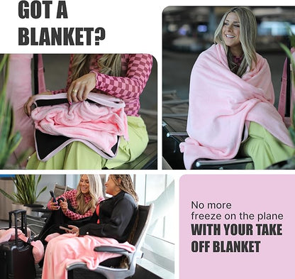 TAKE Off Travel Pillow and Blanket Set with Water Bottle Pockets and Zippered Storage for Travel Essentials – Compact Fleece Throw in a Soft Pillow Case with Luggage Sleeve. Fits 3 Days of Clothes