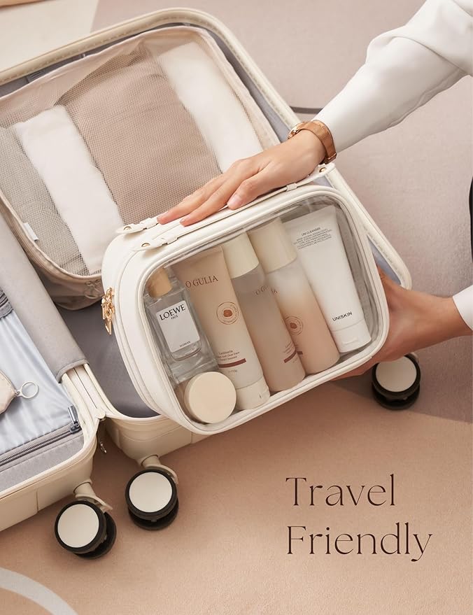 Clear Cosmetic Bag Double Layer Travel Toiletry Bag Clear Makeup Bag Case with 4 Compartments, Transparent Travel Bag for Toiletries, Large Toiletry Bag for Women Cosmetic Case (White, Large)