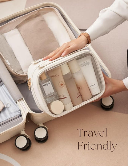 Clear Cosmetic Bag Double Layer Travel Toiletry Bag Clear Makeup Bag Case with 4 Compartments, Transparent Travel Bag for Toiletries, Large Toiletry Bag for Women Cosmetic Case (White, Large)