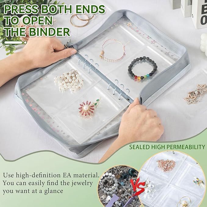 Jewelry Organizer Case Travel Clear Earring Organizer Case Transparent Jewelry Storage Book (Light blue, with 48 Pcs large Jewelry Pouches)