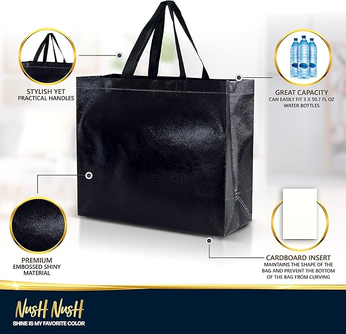 Nush Nush Set of 30 Black Gift Bags Bulk - Shiny Black Reusable Large Gift Bags with Handles - Ideal for Small Business, Big Parties and Events, Corporate Gifts, Halloween, Christmas Gifts - 13x5x11