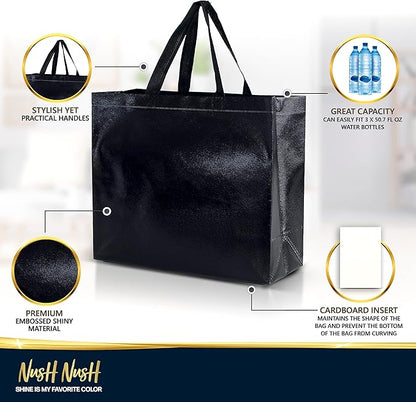 Nush Nush Set of 30 Black Gift Bags Bulk - Shiny Black Reusable Large Gift Bags with Handles - Ideal for Small Business, Big Parties and Events, Corporate Gifts, Halloween, Christmas Gifts - 13x5x11
