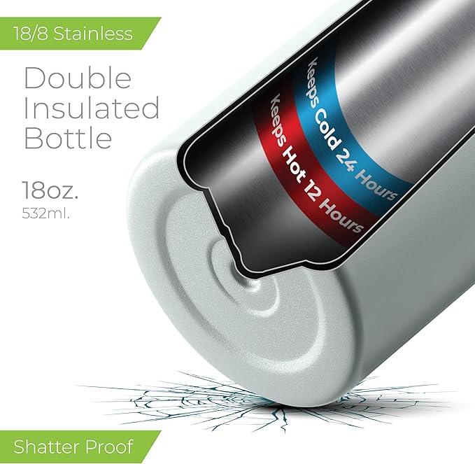 SipX™ Triple-Insulated Stainless Steel Water Bottle 18oz. With 3 Lids, BPA-Free Reusable Insulated Water Bottle Keeps Cold 24 Hours, (Blue)