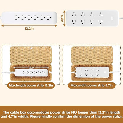 Cable Management Box, Handmade Imitation Rattan Cord Cable Organizer, Open Slots Cords Hider Box Cord Basket Under Desk Cord Organizer for Computer Router USB Hub & Power Strip