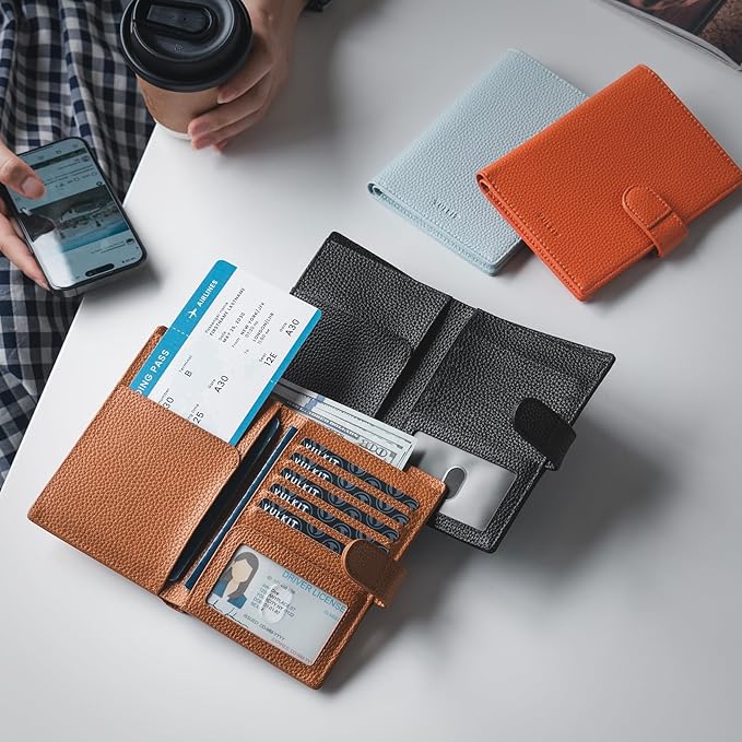 VULKIT Leather Passport Travel Wallet for 2 Passports Pocket Slim Double Passport Holder RFID Blocking with ID Window for Women or Men