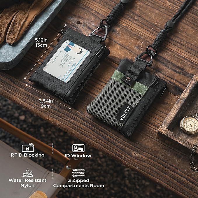 VULKIT Small RFID Wallet for Women & Men – Minimalist Zipper Wallet with ID Window, Keychain & Carabiner, Holds 15 Cards, Water Resistant Travel Lanyard Wallet Army Green Black