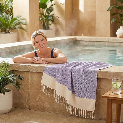 Bazaar Anatolia Turkish Beach Towel 100% Cotton Bath Towels 71x39 Quick Dry Sand Free Lightweight Large Oversized Herringbone Purple