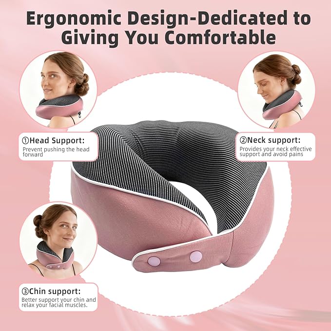 Memory Foam Neck Pillow Travel - Travel Pillows for Airplanes with Round Storage Box, 360° Ergonomic Support for Sleeping on Long Flights, Compact & Portable (Pink)