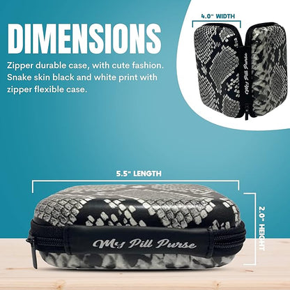 Am Pm Pill Organizer 7 Day Black/White Faux Snake Skin Medicine Storage Case Size 5.5 X 4 X 1.75 in. Med Wallet 14 Reusable Small Pill Baggies 3x4 in. Pill Pouches for Medicine, Days of The Week