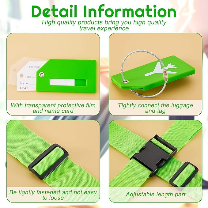 Weewooday 8 Pcs Luggage Straps Suitcase Tags Set for TSA Approved, 4 Travel Adjustable Suitcase Belt, 4 Silicone Luggage Tags with Name ID Card Travel Accessories(Fluorescent Green,Airplane)