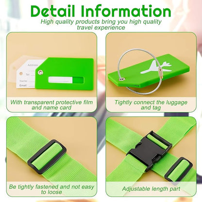 Weewooday 8 Pcs Luggage Straps Suitcase Tags Set for TSA Approved, 4 Travel Adjustable Suitcase Belt, 4 Silicone Luggage Tags with Name ID Card Travel Accessories(Fluorescent Green,Airplane)