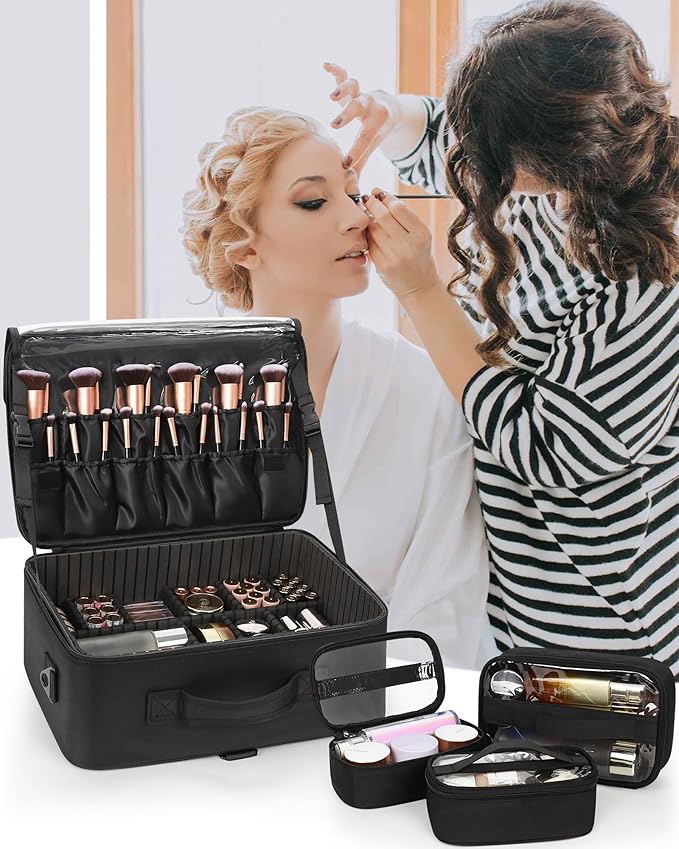 Relavel Large Makeup Bag with 3 Removable Pouches, Travel Train Case Cosmetic Organizer Carrying Box for Makeup Artists Hairstylist with Adjustable Dividers, Brush Holder and Shoulder Strap, Black