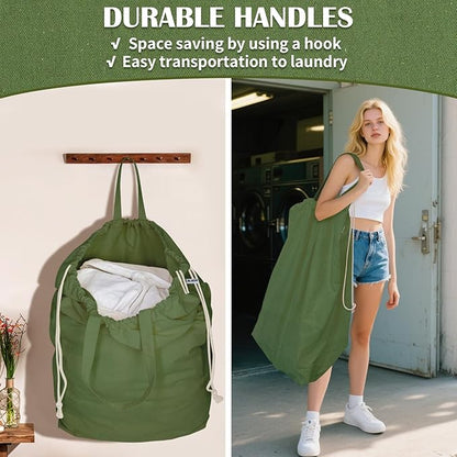 Canvas Laundry Bags with Handles & Rectangular Base, 90L Extra Large Heavy Duty Laundry Basket Hamper Liner Replacement, Washable Cotton Drawstring Dirty Clothes Bag (Army Green)