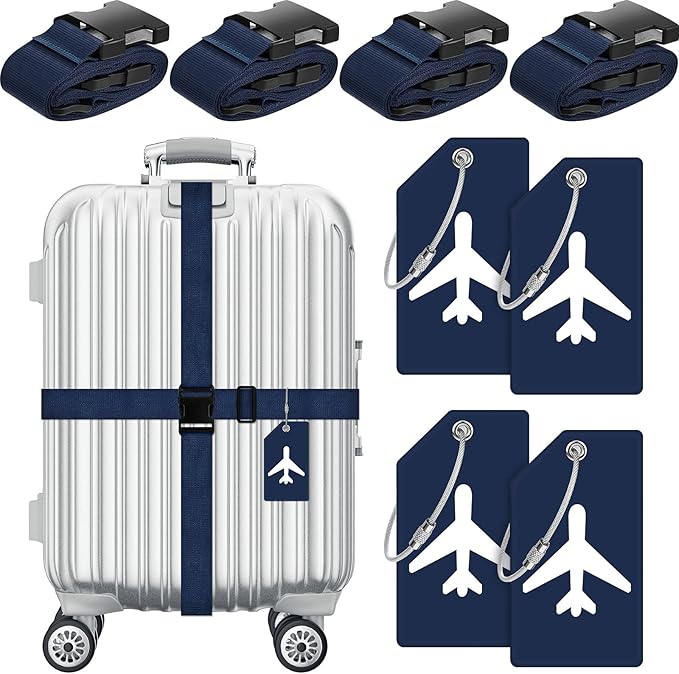 Weewooday 8 Pcs Luggage Straps Suitcase Tags Set for TSA Approved, 4 Travel Adjustable Suitcase Belt, 4 Silicone Luggage Tags with Name ID Card Travel Accessories(Dark Blue,Airplane)