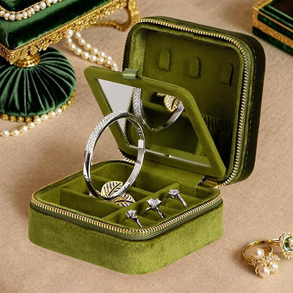 Velvet Jewelry Box, Small Travel Jewelry Organizer, Portable Jewelry Case for Women with Mirror, Green Mini Plush Travel Box