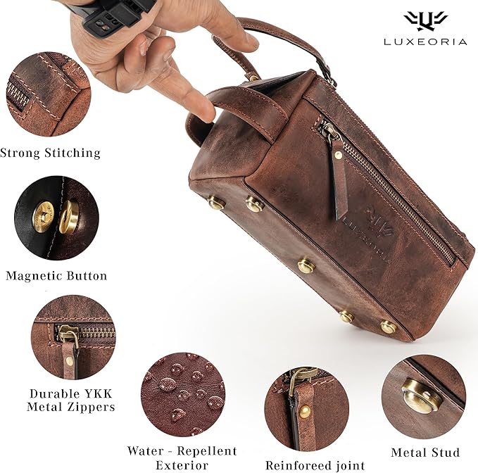 LUXEORIA Genuine Leather Toiletry Bags for Men and Women, Handmade Premium Leather Dopp Kit and Shaving Bag, Cosmetic Bag for Womens and Mens, Travel Essentials & Organizers