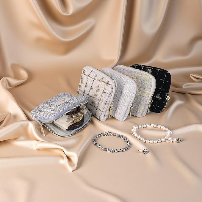 Small Travel Jewelry Case, Soft Tweed Organizer Pouch for Bangle, Bracelets, large Earrings, Beaded necklace, Anti-Scratch & Portable Jewelry Bag Holder for Travel & Everyday Use (Black Sparkle)