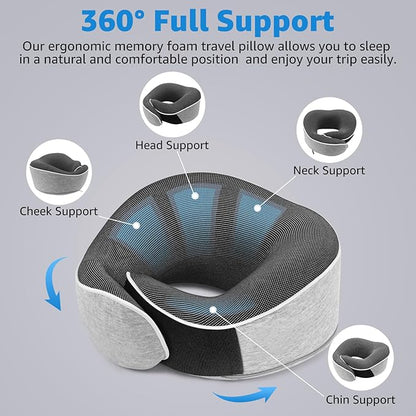 Travel Pillows for Airplanes Ergonomic Memory Foam Neck Pillow for Travel - 360° Head & Neck Support for Sleeping on Flights, Cars, Trains & Office (Gray-2)