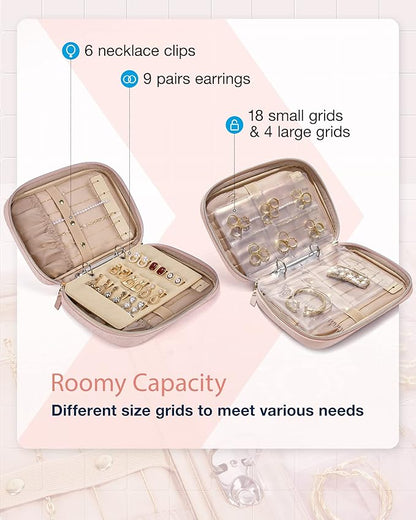 BAGSMART Large Jewelry Travel Organizer Case for Home Jewelry Organizer Storage Ring Binder Jewelry Bags Clear Jewelry Rolls Zipper Pouch Bag for Necklaces, Earrings, Rings, Bracelets, Pink