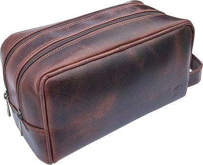 RUSTIC TOWN Leather Toiletry Bag for Men - Travel Shaving Ditty Kit - Bathroom Shower Toiletries Organizer - Leather Cosmetic Bag for Women (Walnut Brown)