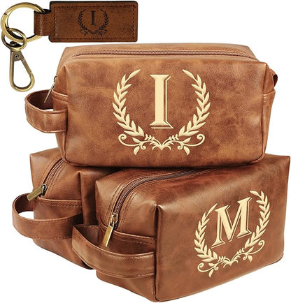 Personalized Toiletry Bag for Men Engraved Initial Leather Kit, Waterproof Travel Essentials Bag (I)