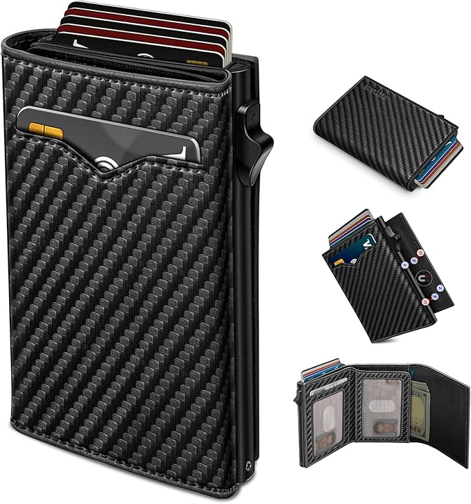 Wallet for Men,with Cash Pocket 2 ID Window 9-13 Cards,Metal Case Smart Slim Pop Up Credit Card Holder Flip with Magnetic Closure RFID Blocking Trifold wallet with Gift Box
