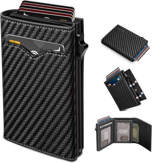 Wallet for Men,with Cash Pocket 2 ID Window 9-13 Cards,Metal Case Smart Slim Pop Up Credit Card Holder Flip with Magnetic Closure RFID Blocking Trifold wallet with Gift Box