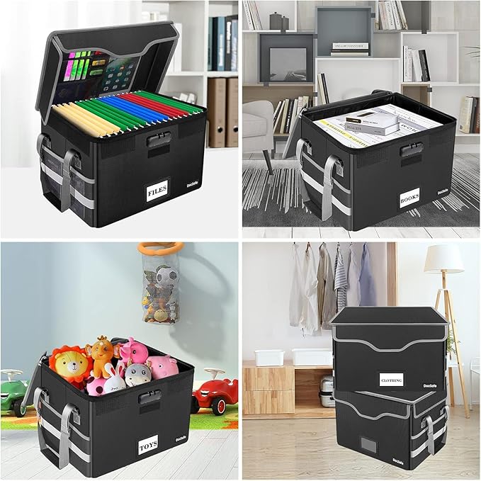 DocSafe Fireproof Document Box with Lock, File Storage Organizer with Mesh Pockets, Collapsible Portable File Box Home Office Safe Filing Cabinet with Handle for Hanging Letter/Legal Folder, Black