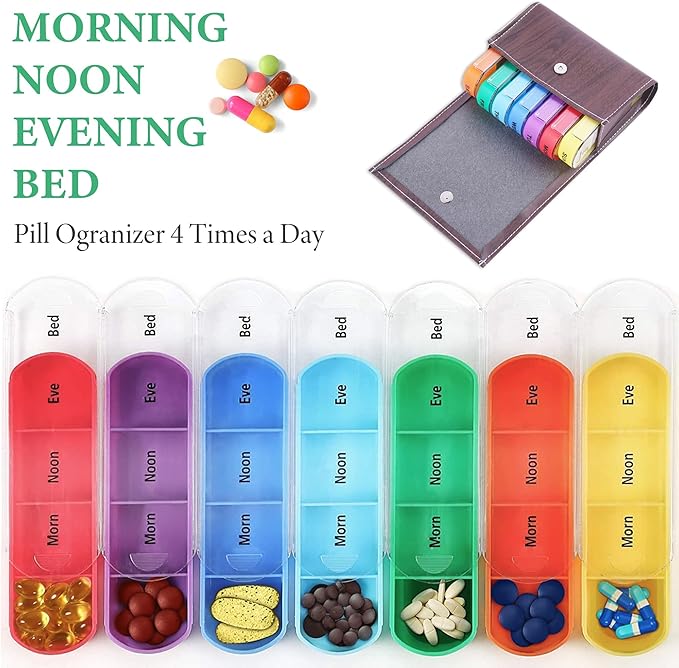 Pill Organizer,LIZIMANDU Weekly Travel Pill Case Box Medication Reminder Daily AM PM, Day Night 7 Compartments,for 4 Times A Day, 7 Days a Week-Includes Leather PU Carrying Case(1-Wood-Dark Brown)