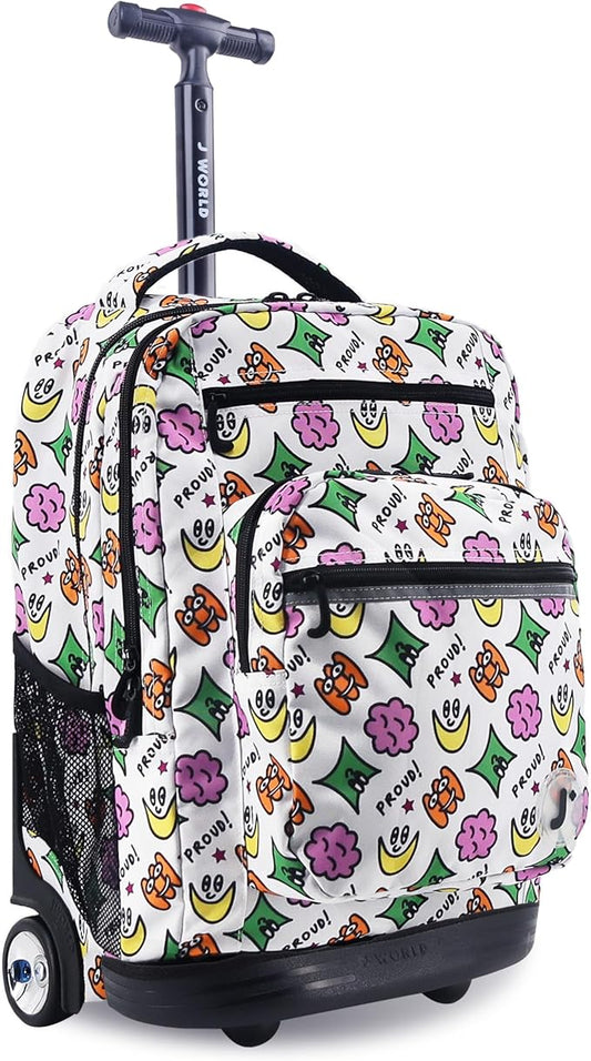 J World Sundance Laptop Rolling Backpack for Girls Boys. Roller Bookbag with Wheels, Proud