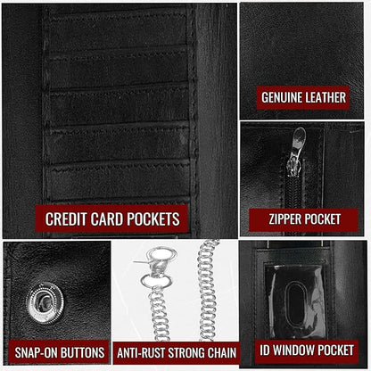 IBRO VINTAGE Motorcycle Chain Wallet for Men – Premium Cowhide Leather, RFID Tri-Fold Biker Wallet with Heavy Duty Chain for Bikers Truckers & Hunters, Credit Card Money Organizer Long Wallet