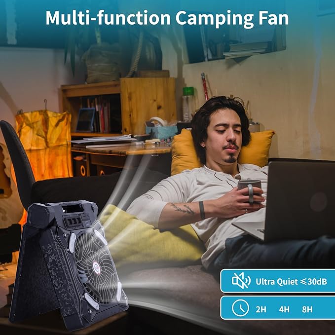 Solar Fan Battery Powered Rechargeable Solar Camping Fan with Led Lantern & Power Bank Foldable Angle USB Personal Fans for Travel Outdoor Camping Tents X98 Black