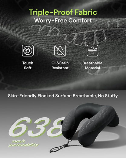BENEUNDER Travel Neck Pillow for Airplane, Inflatable Compact 360°Head Support Pillow, Comfortable Breathable Cover for Travel, Train,Car with Storage Bag, Black