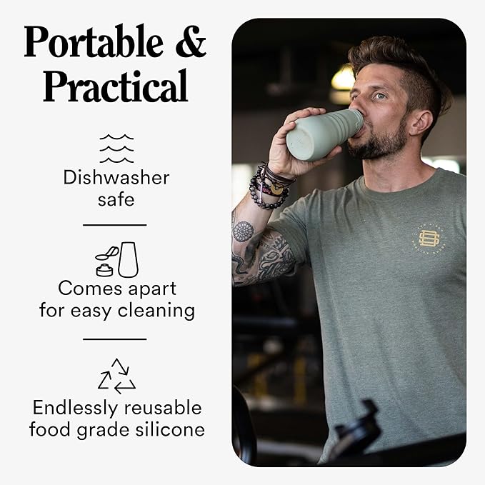 STOJO Collapsible Sports Water Bottle - Leak-Proof Reusable Silicone Travel Cup for Hot & Cold Drinks - Microwave & Dishwasher Safe - AS SEEN ON TODAY SHOW - Parent (Eucalyptus)