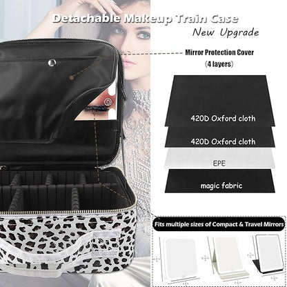 Travel Makeup Bag Cosmetic Bag Makeup Organizer Bag with Lighted Mirror, Adjustable Brightness in 3 Color Scenarios, Waterproof Makeup Train Case, Gift for Women - Leopard White